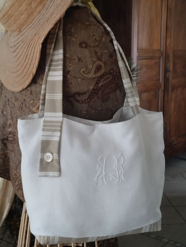 Sac cabas toile à matelas et  monogramme "JR" brodé main doublé toile à matelas