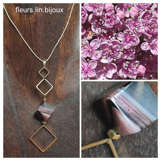 Z-Collier carré en agate noire et rose, carrés en acier inoxydable doré monté sur fil de lin réglable avec chaîne d&#039;extension en acier inoxydable doré 