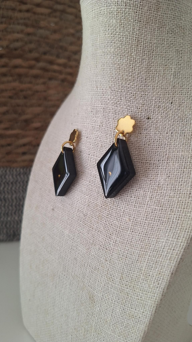 Boucles d'oreilles losanges noires et effets dorées 