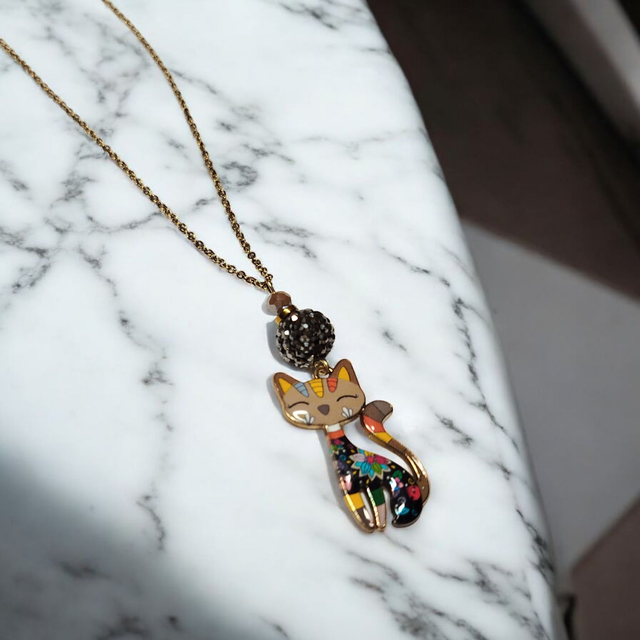 Collier acier inoxydable et cristal marron et noir chat