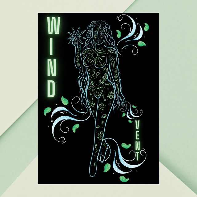 Impression Art Linéaire Féminin Élément Air - Feuilles Flottant dans la Brise / Wind Element Female Line Art Print - Leaves Floating in the Breeze