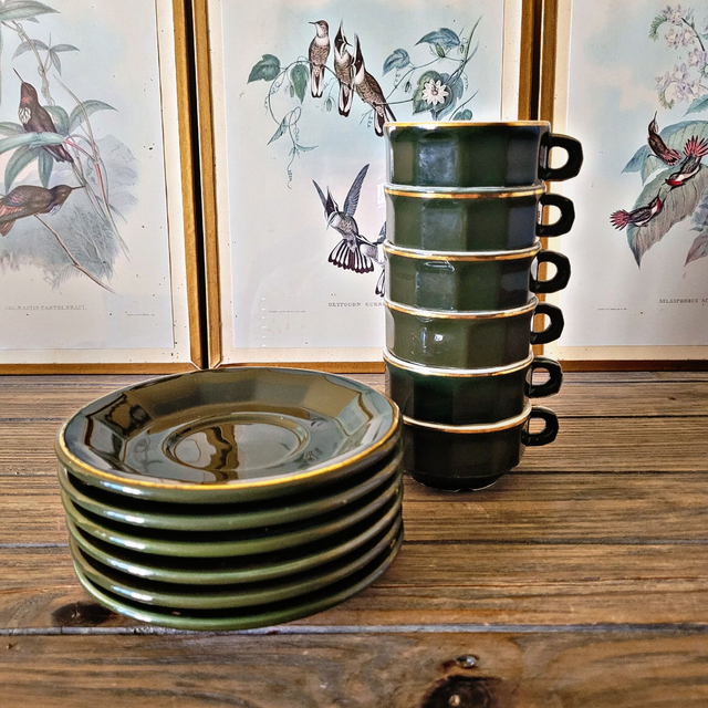 X Tasses expresso bistrot Apilco Pillivuyt, vert impérial liseré doré 