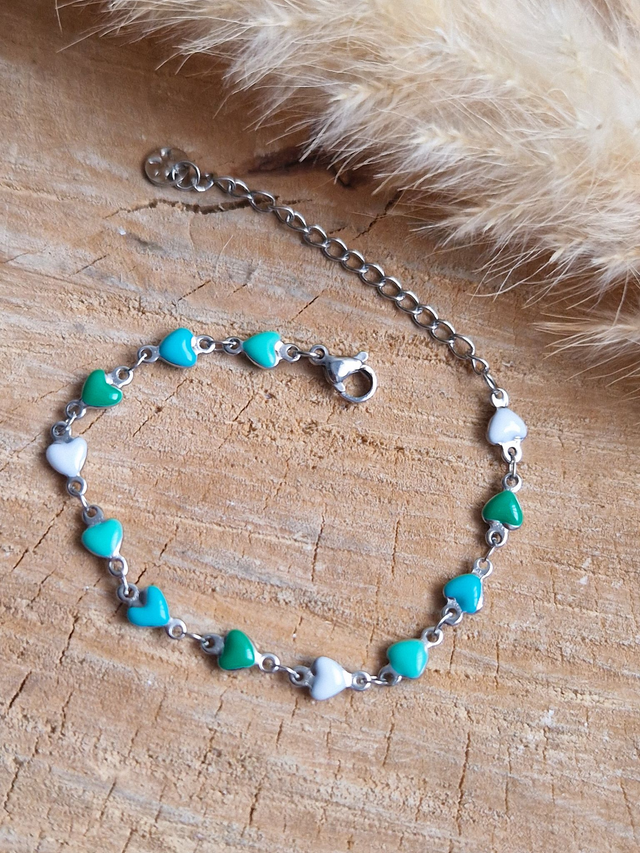 Bracelet "Multi Cœurs" - Modèle argenté, vert et blanc
