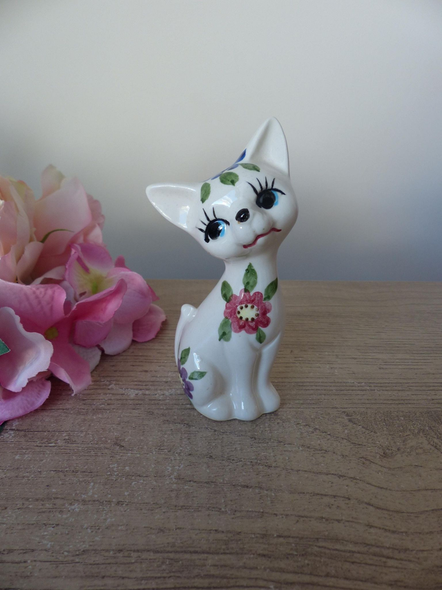 Salière chat vintage en céramique, figurine chat style rétro années 70 blanc peint à la main, campagne, shabby chic, collection salières