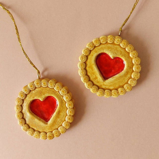 Jam cookie ornament - Danish gift - air dry clay decoration - jam heart biscuits - sugar cookie decor