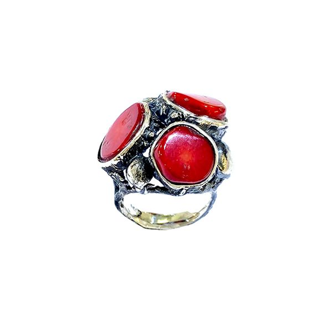 Anello Tris in argento con 3 coralli fossili rossi modello 0425