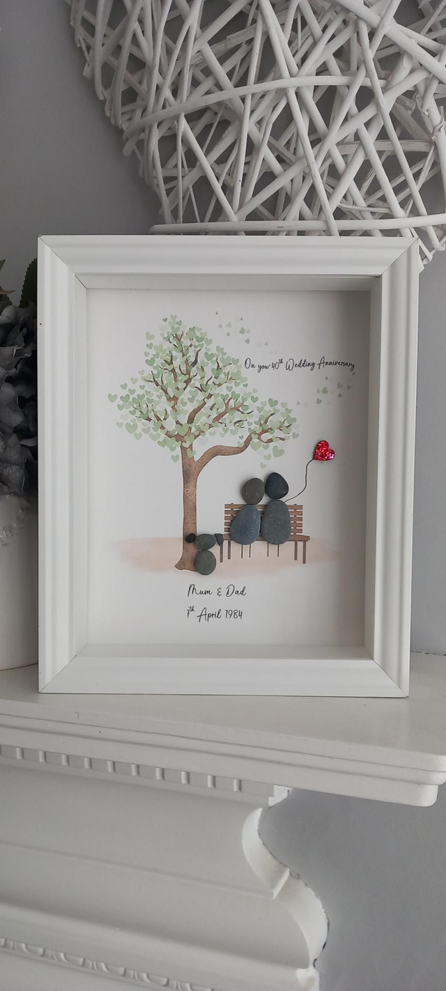 Ruby 40th Anniversary Personalised Handmade Pebble Picture: Couple on Bench - Unique Gift