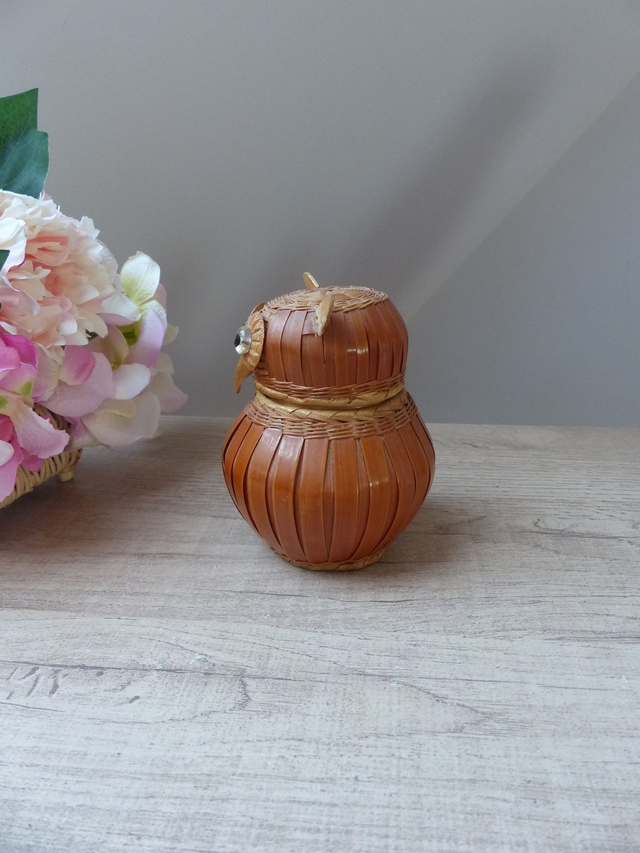 Petit Panier Boite Chouette Hibou en Bois et Osier fait Main Vintage 1970, Boite à bijoux, Boite à secrets, Décoration maison campagne boho