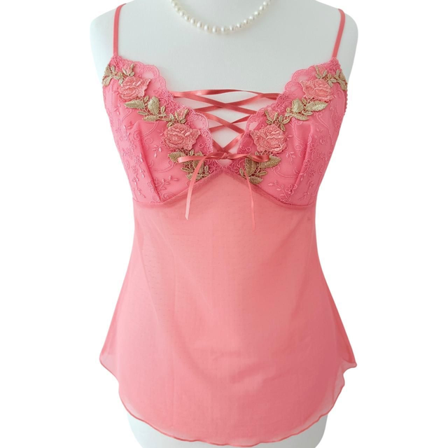 coquette pink rose embroidered and ribbon cups cami 