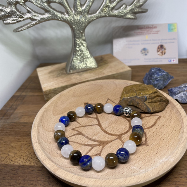 💫♊️🐅Bracelet Signe du Gémeaux en Jade blanc, Lapis lazuli et Oeil de tigre