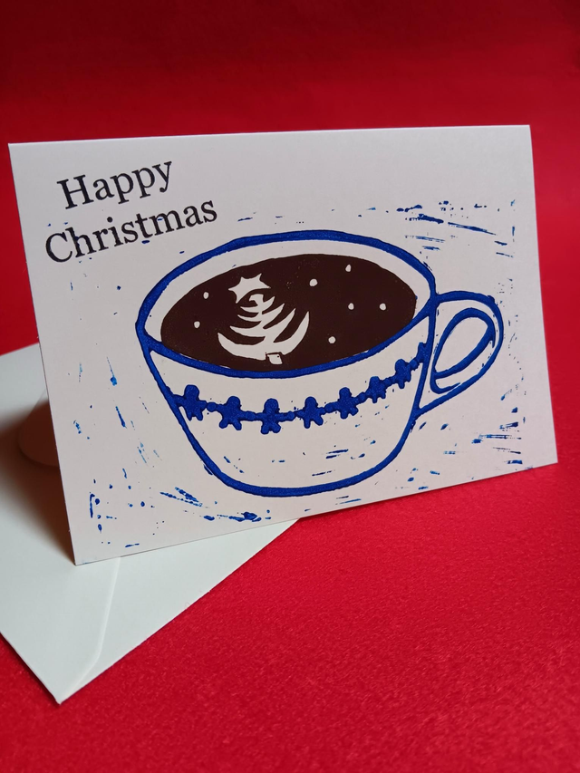 Christmas coffee lino-print card