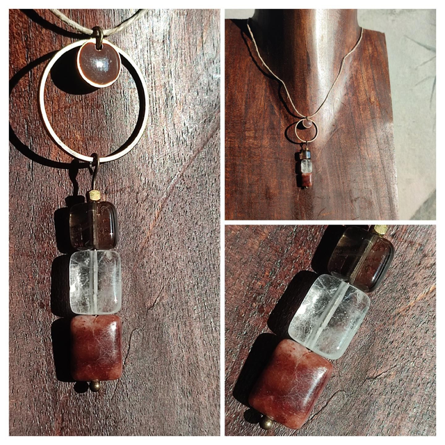 Crystal de roche, agate brune, verre fumé cercle bronze et email brun, monté sur fil de lin réglable avec chaîne d'extension, pièce unique 