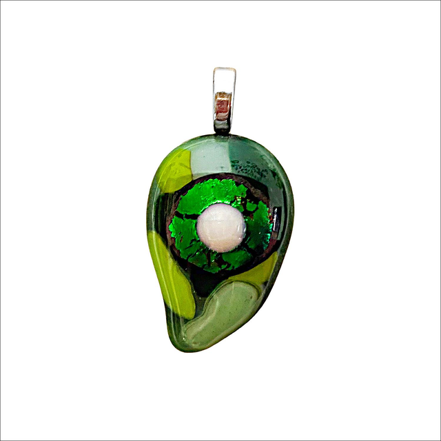 Pendant in a teardrop shape with a mix of plain and dichroic greens and white glass (Ref P18)