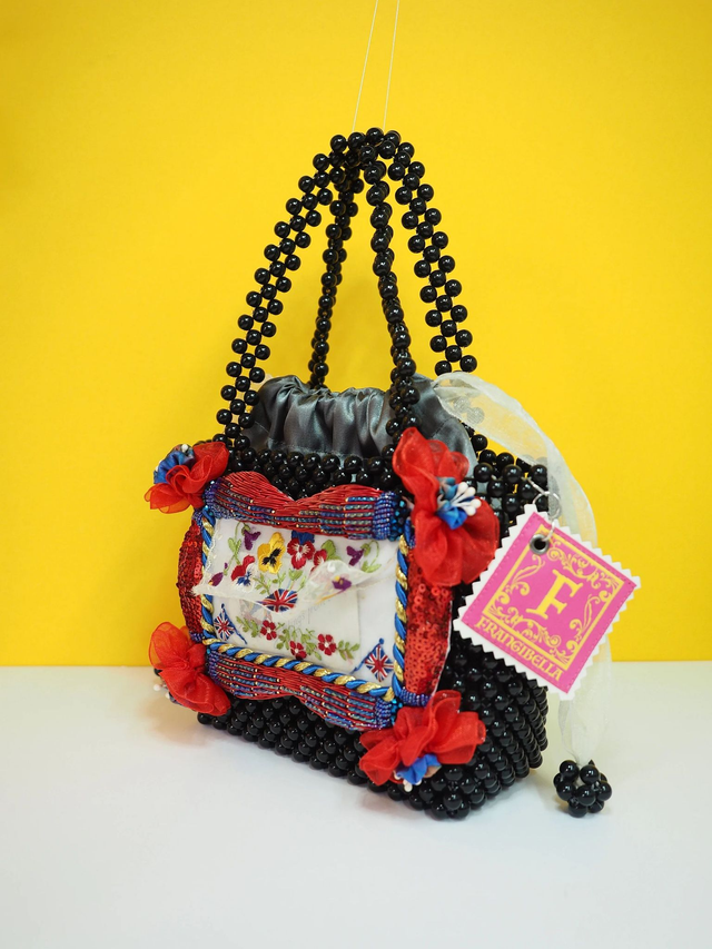 Red &amp; Blue Hand Embroidered "Pansies" Fuchsia Flowers Black Pearl Mini Handbag