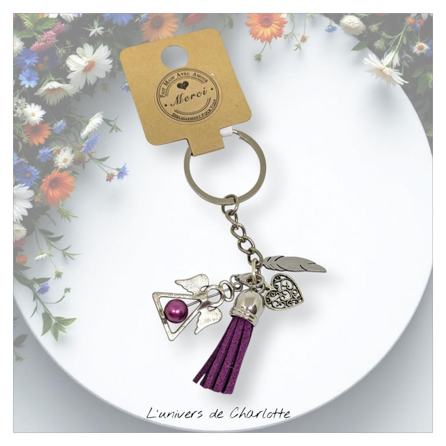 Porte-clés &quot;Coeur tibétain&quot; ange fushia  PC-030