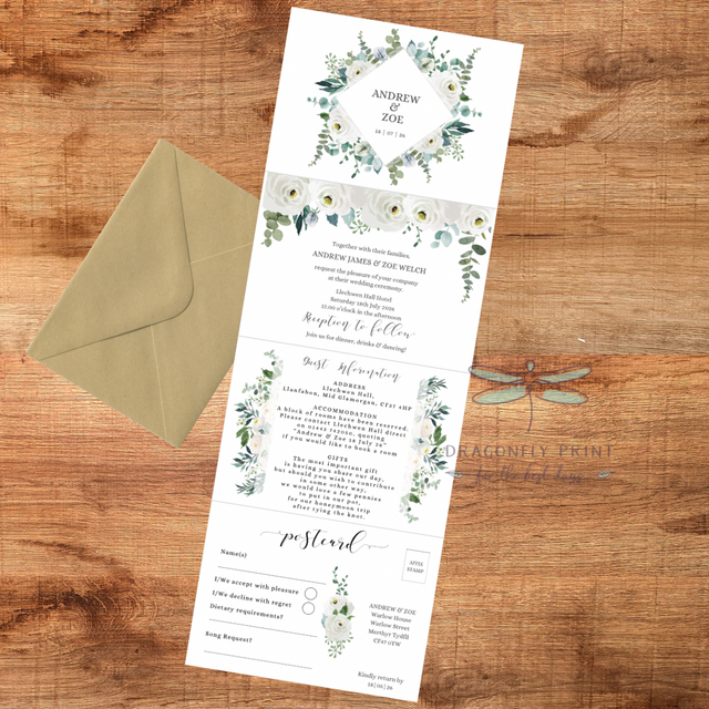 “Alexis” white rose and greenery design - concertina Wedding invitations - including guest information &amp; RSVP