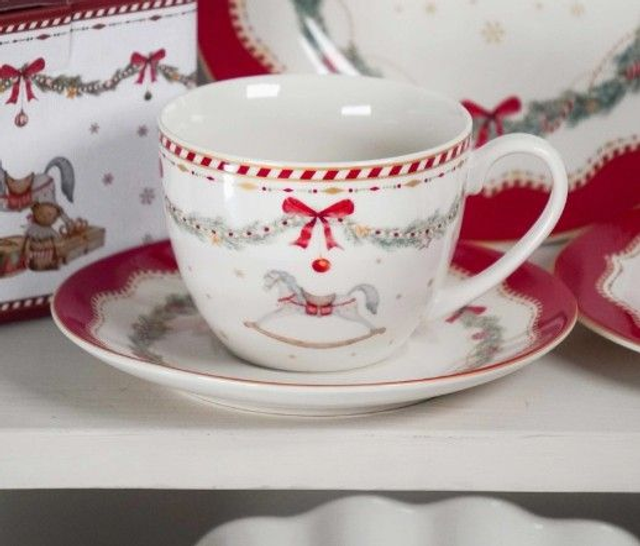 Tasse en porcelaine avec soucoupe cheval à bascule Joyeuses Fêtes 250 ml