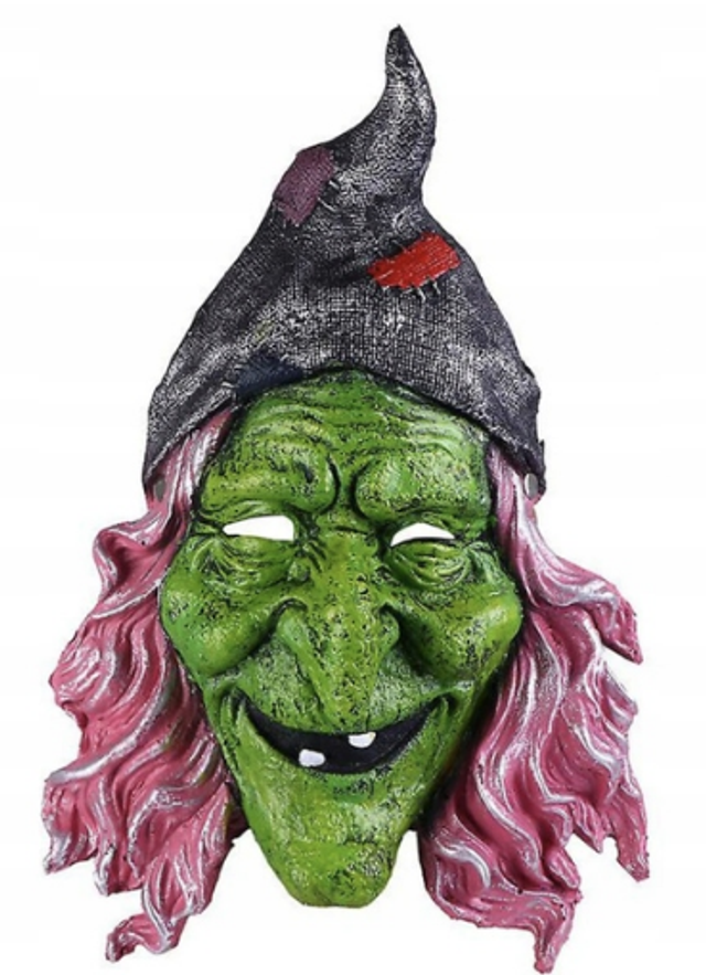 Maschera da strega verde DISFRAZZES con capelli rosa