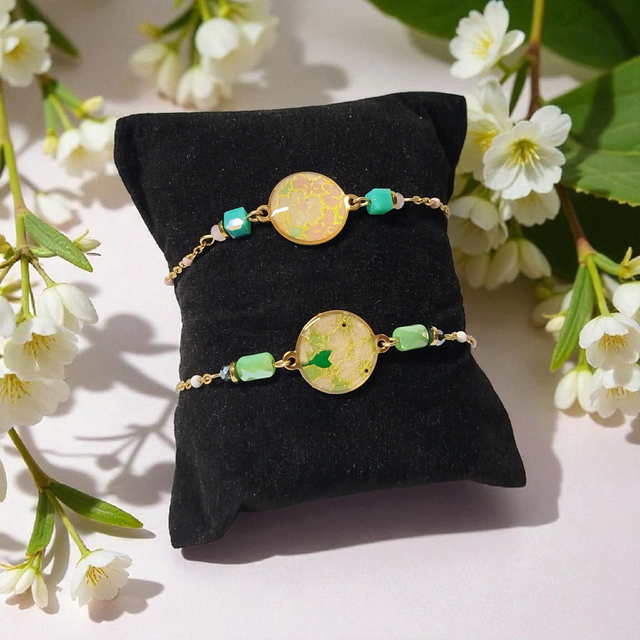 bracelet acier inoxydable motifs japonais rose et turquoise doré