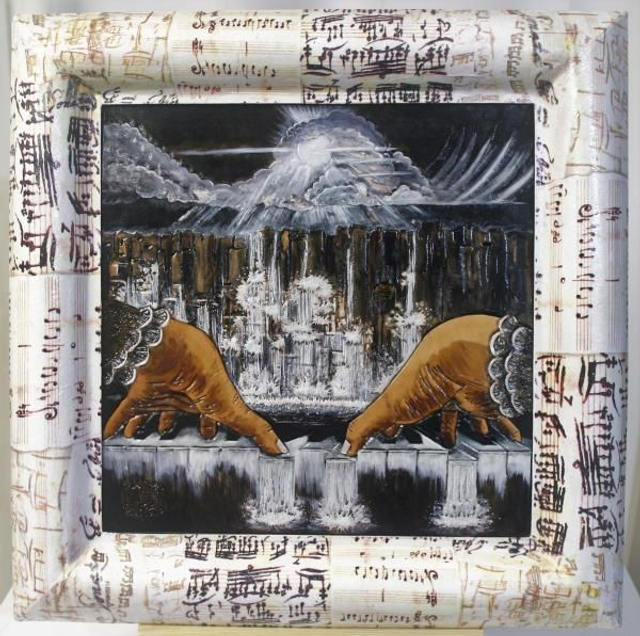 Tableau en cuir repoussé, le piano-cascade