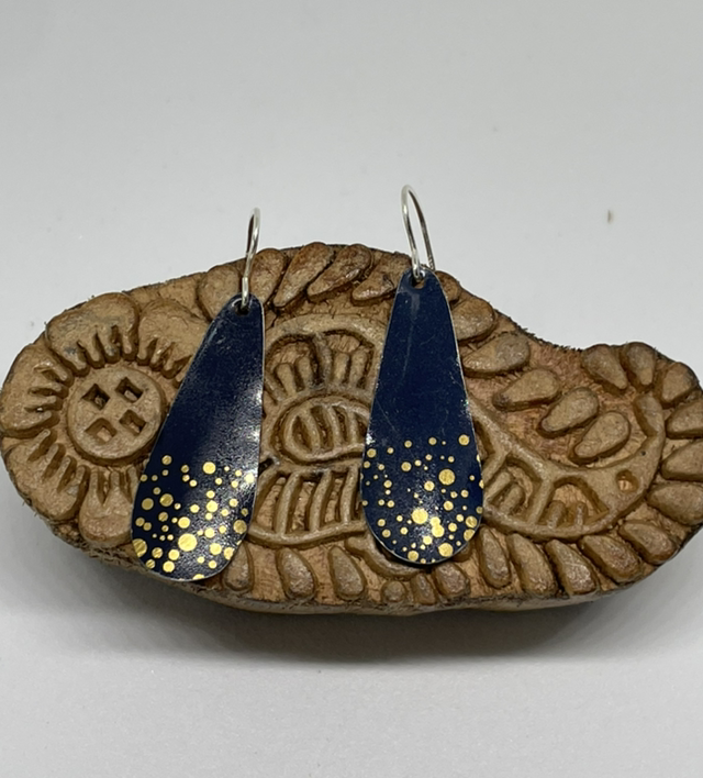 Navy and gold dot long drop tin earrings