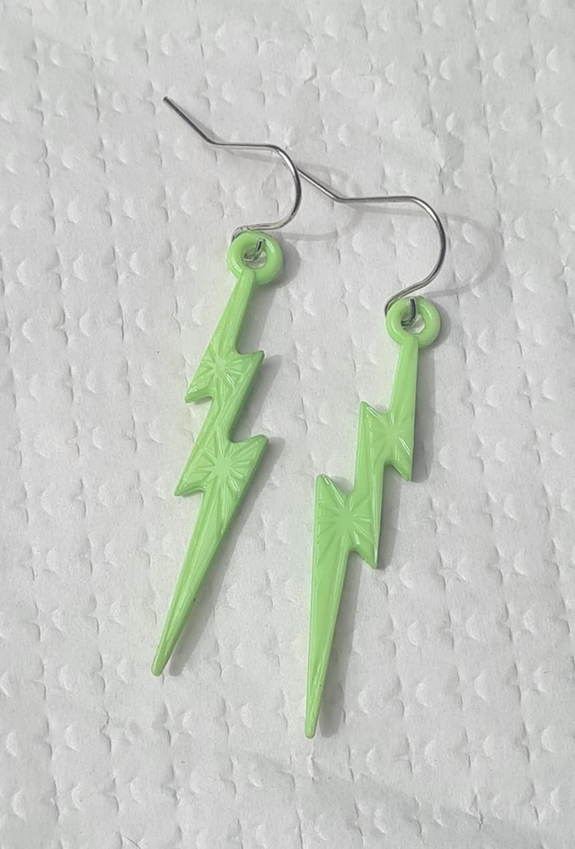 Earrings lightening bolt green novelty