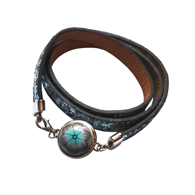 Bracelet homme femme simili cuir bleu gris pailleté