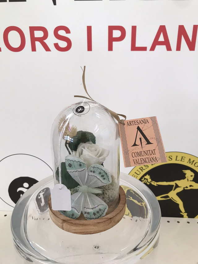 CUPULA CRISTAL ROSA BLANCA MARIPOSA D-10 Altura 15cm