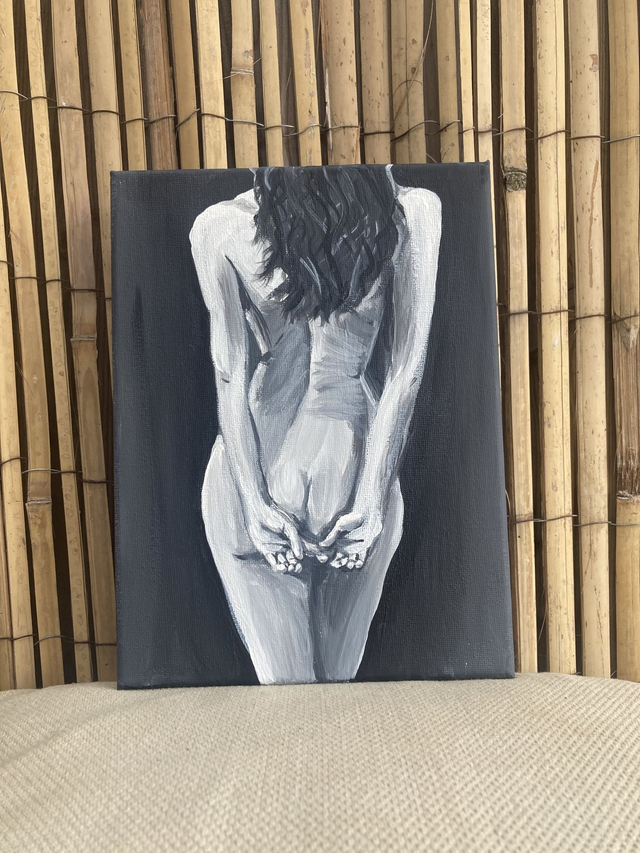 Origineel schilderij “Vrouw naakt rugzijde”  vrouw sexy artistiek shades of grays Krista Kitsz Acryl op Stretched Canvas klein kunstwerk