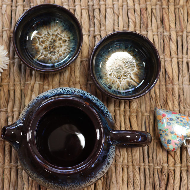 Herbal Black Glaze Teapot Set - Pot &amp; Two Cups