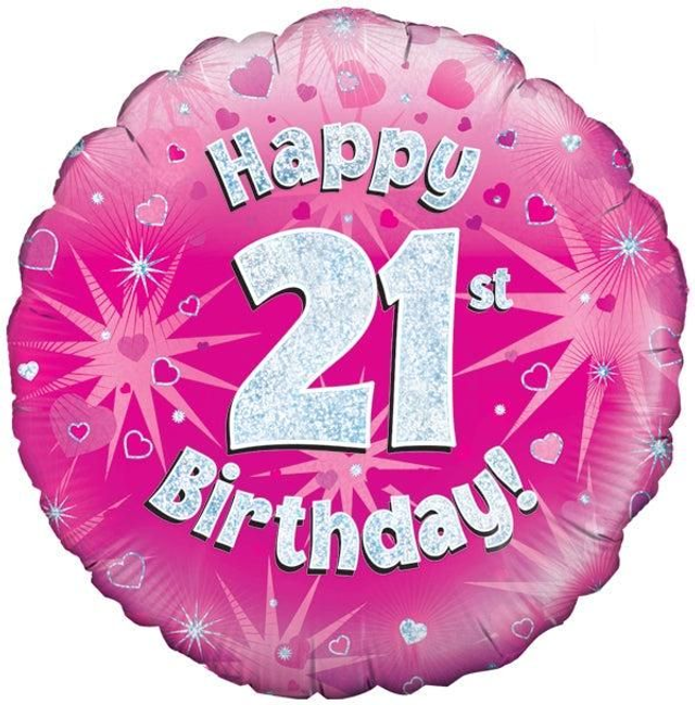 18" HAPPY 21ST BIRTHDAY PINK HOLOGRAPHIC FOIL