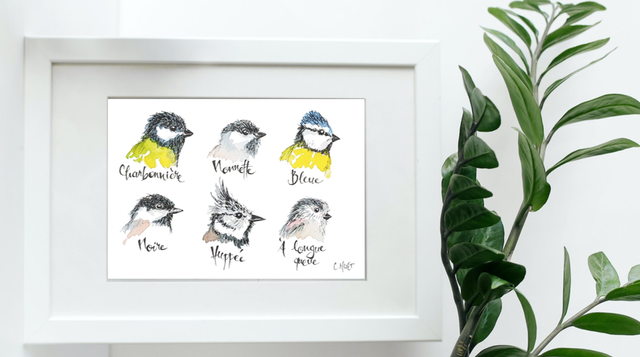 Tableau original à l'aquarelle et fineliner mésanges, 10x15cm environ