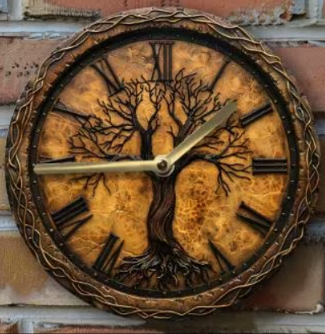 Vintage ronde wandklok van metaal - Levensboom (20cm)