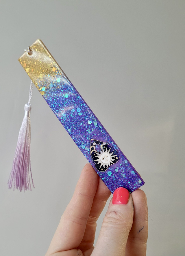 Purple & Gold Celestial Sun Planchette Glitter Bookmark with Tassel