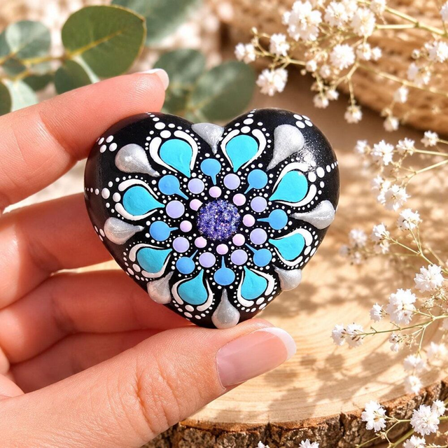 Petite pierre cœur mandala violet pailleté &amp; bleu – Peinte à la main