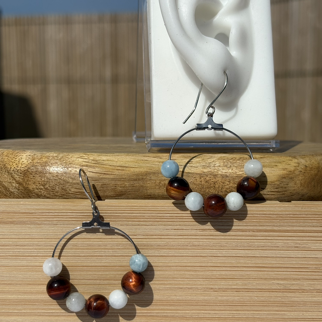 Boucles d’oreilles créoles – Œil de tigre &amp; Amazonite 