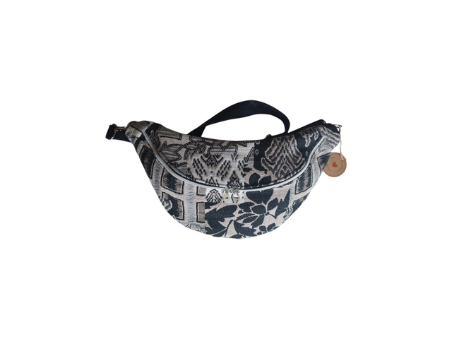 Sac banane en tissu jacquard noir gris et blanc avec bandoulière en suédine Alaska noir