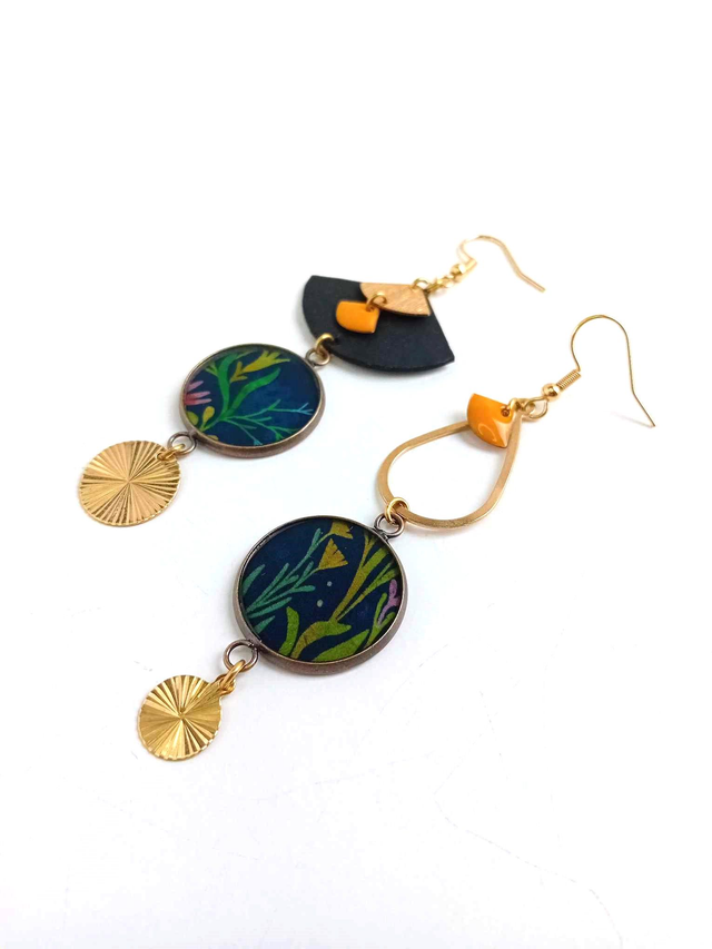 Boucles d'oreilles Asymétriques Upcyclées en Chambre à Air et Papier Recyclés - Florales