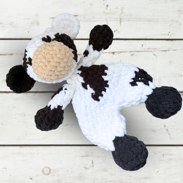 Crochet Snuggler Cow in Black and White, Made with Blanket Yarn, UKCA tested
