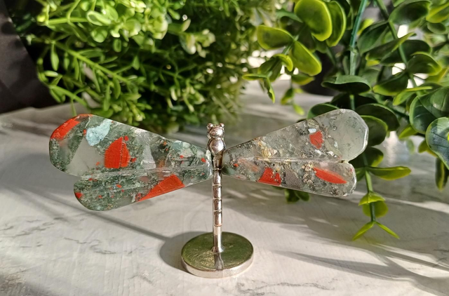 African Bloodstone Dragonfly on Silver Standp