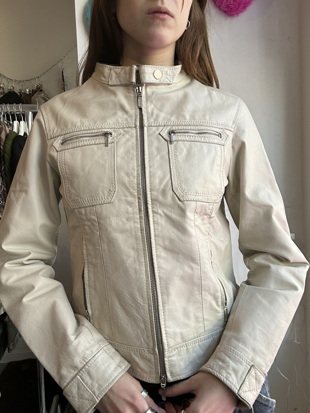 creme leather jacket with double zipper
