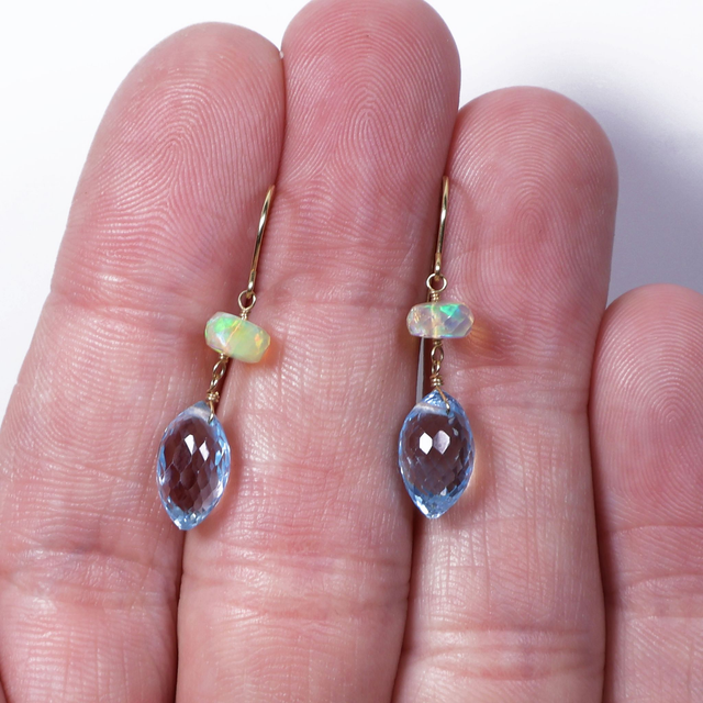 Pair of 18K 18Ct 750 Solid Yellow Gold Faceted Welo Ethiopian Opal Briolette Cut Blue Topaz Gemstone Elegant Dainty Modern Hook Earrings