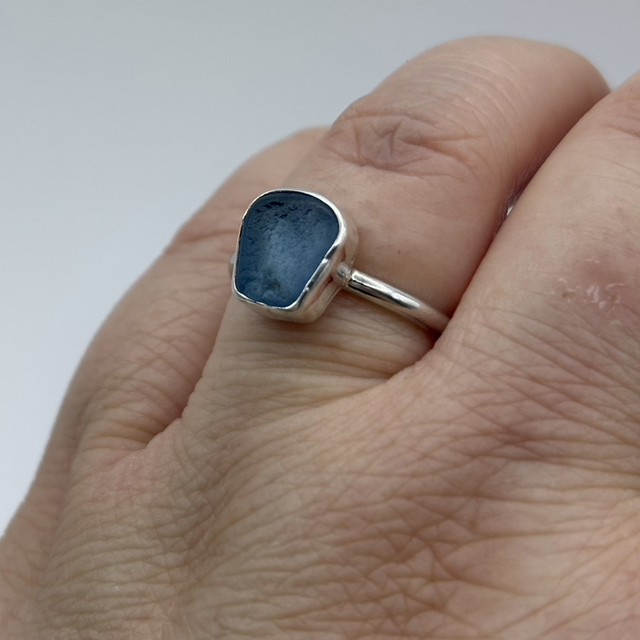 Blue Seaglass &amp; Recycled Silver Ring Size U