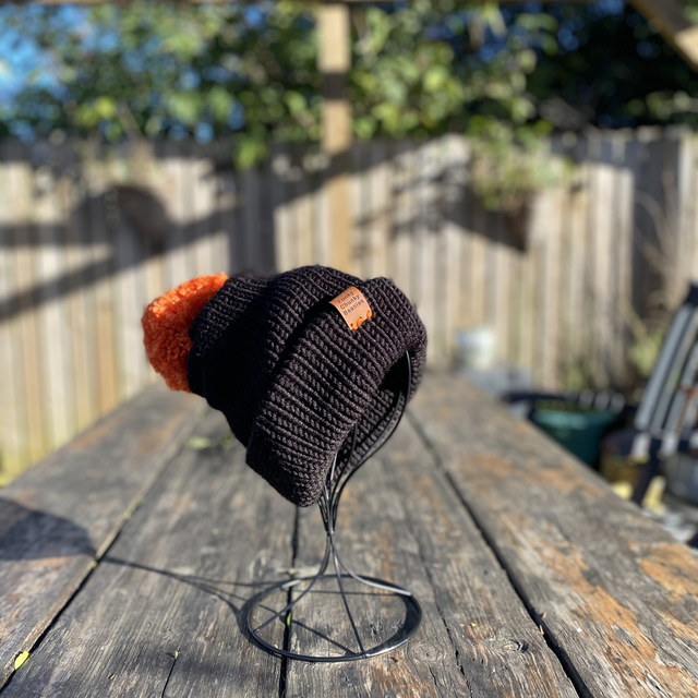Funky Chunky Bobble Hat - Colour Block - Orange &amp; Black - Handmade in Scotland