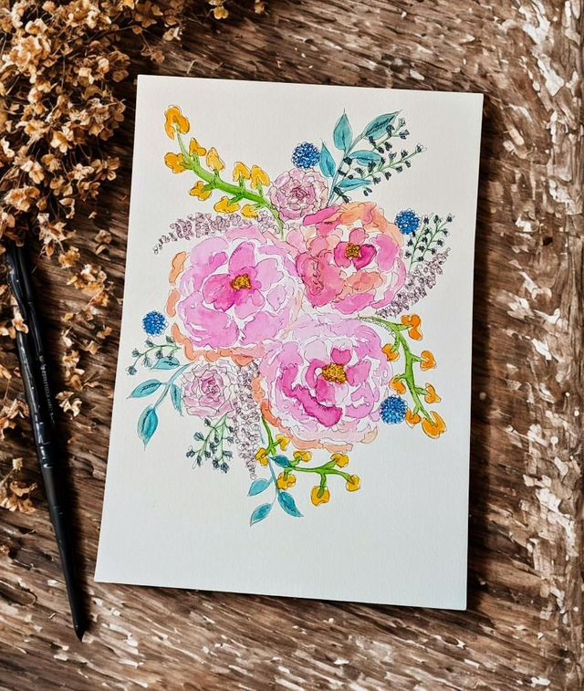 Pivoines champêtres - Aquarelle originale A4