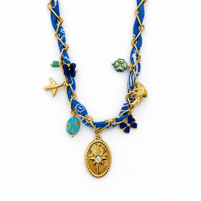 Collar acero dorado y lazo azulina 