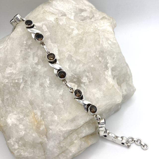 Smoky Quartz Gemstone Sterling Silver Bracelet with stylish link design 