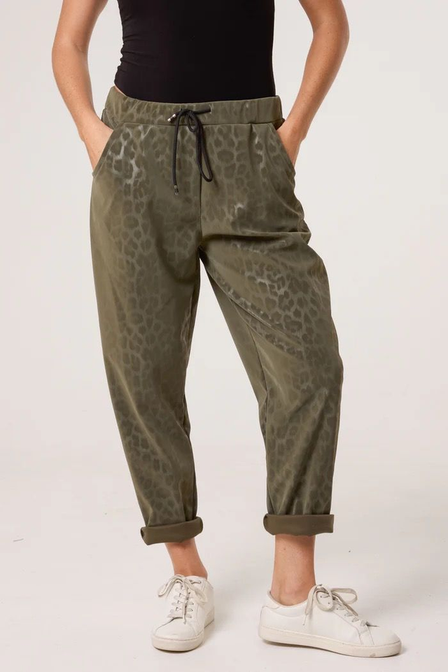 Leopard PU Coated Stretch Trousers - Khaki