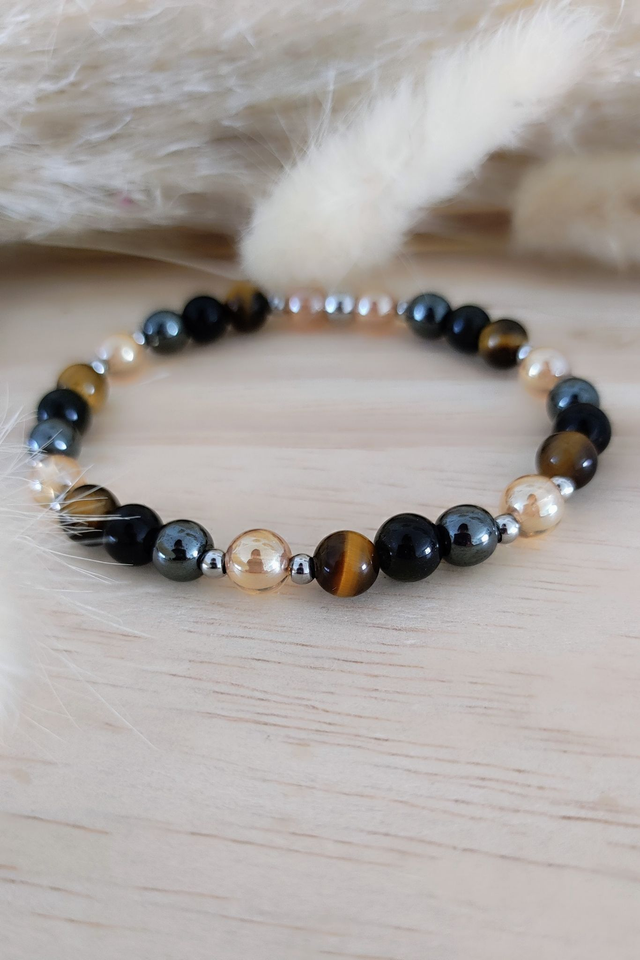 Bracelet "Triple Protection" Oeil de tigre, Hématite et Obsidienne
