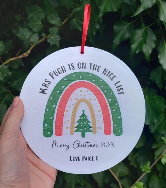 On the nice list, personalised teacher Christmas bauble/plaque  